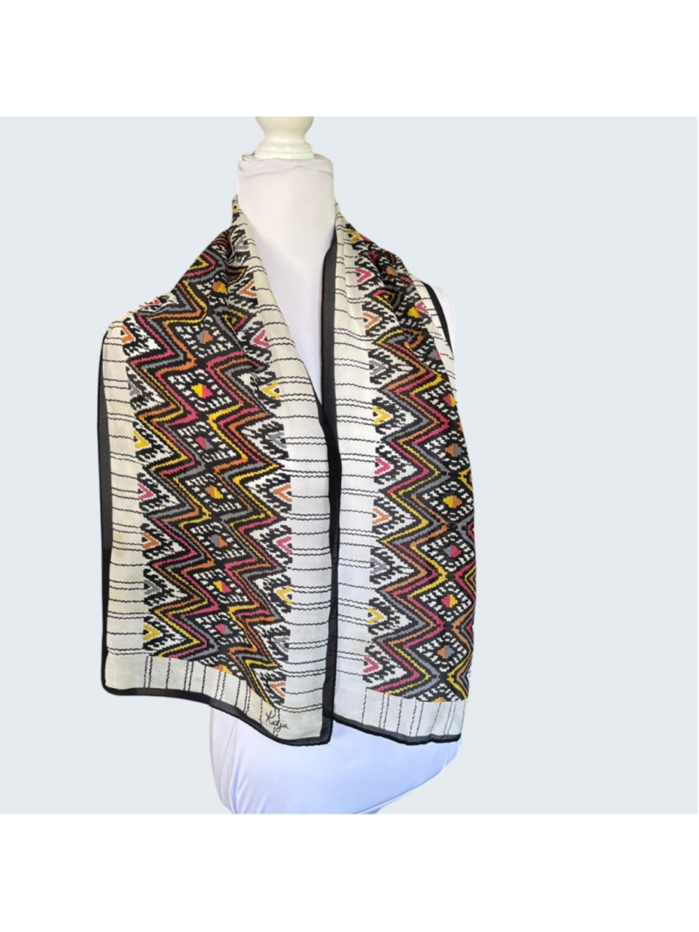 Vintage 70s Katja for XIIX Karat Katacrepe Scarf Geometric SW Chevron Silk Japan - Picture 5 of 13